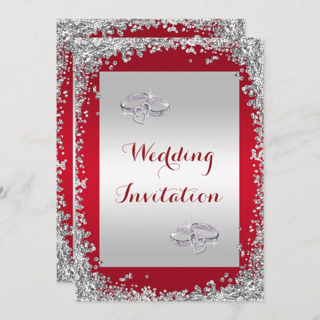 Glitter Framed & Diamond Wedding Rings Wedding Invitation (Front/Back)