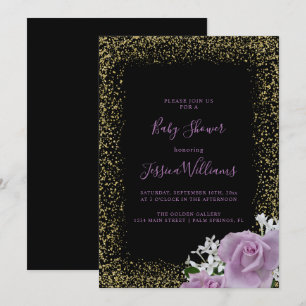 Glitter Framed Lilac Roses Baby Shower Party Invitation