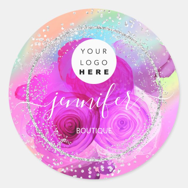 Glitter Framed Silver Pink Roses Glitter Frame Classic Round Sticker (Front)