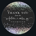 Glitter Future Mrs Bridal Shower Thank You Black Classic Round Sticker<br><div class="desc">Future Mrs Rainbow Glitter Bridal Shower Thank You Black The Future Mrs is in an artsy set script with ring and heart motifs and the rest of the text you can easily personalise. Multicolor faux Glitter decorates the top and bottom edges. With white text on a black background.</div>