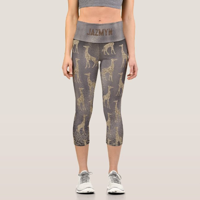 Glitter Giraffe on Glossy Grey Personalized Capri Leggings (Front)