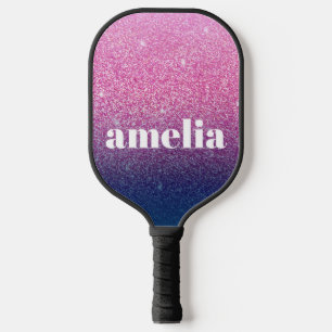 Glitter Girly Sparkly Pink Navy Blue Custom Name Pickleball Paddle