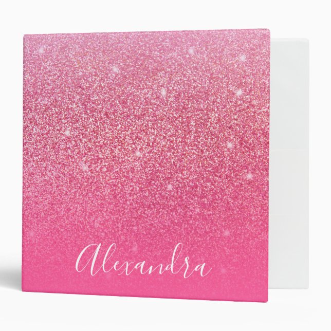 Glitter Girly Sparkly Rose Pink Script Name Binder (Front/Inside)