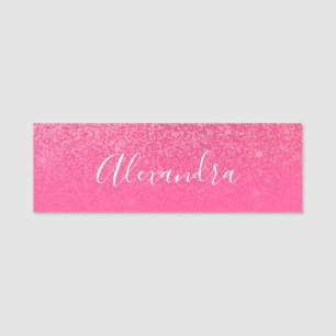 Glitter Girly Sparkly Rose Pink Script Name Custom Name Tag
