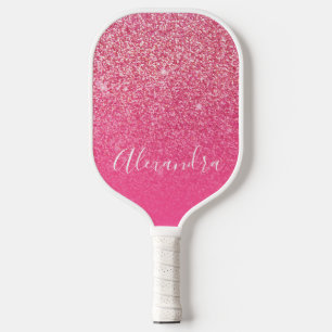 Glitter Girly Sparkly Rose Pink Script Name Custom Pickleball Paddle