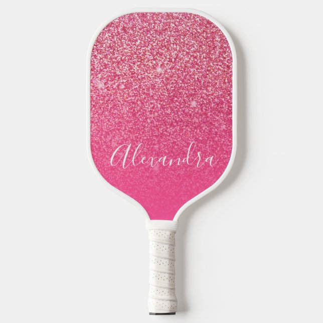 Glitter Girly Sparkly Rose Pink Script Name Custom Pickleball Paddle (Front)
