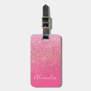 Glitter Girly Sparkly Rose Pink Script Name Luggage Tag