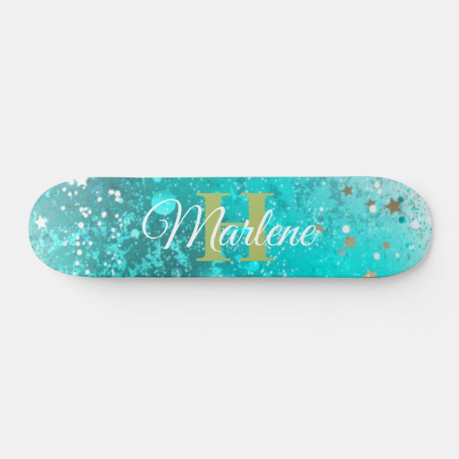Glitter Girly Teal Mermaid Monogram Name Fantasy  Skateboard (Horz)