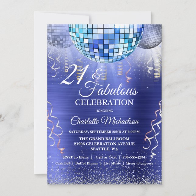 Glitter Glam 21st Birthday Blue Disco Ball Invitation (Front)
