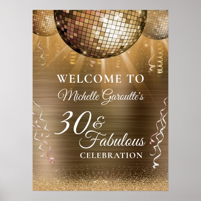 Glitter Glam 30 & Fabulous Gold Disco Ball Poster (Front)