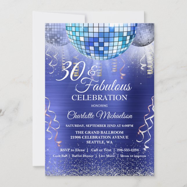 Glitter Glam 30th Birthday Blue Disco Ball Invitation (Front)