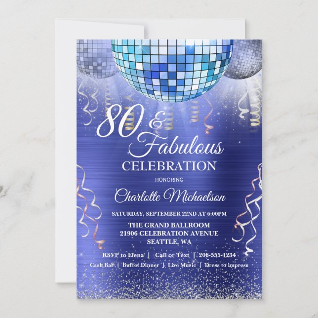 Glitter Glam 80th Birthday Blue Disco Ball Invitation (Front)