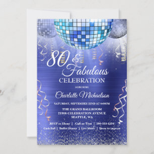 Glitter Glam 80th Birthday Blue Disco Ball Invitation