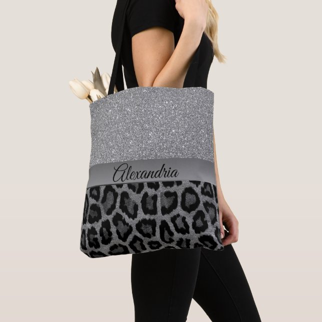 Glitter Glam Grey and Black Leopard Tote Bag (Close Up)