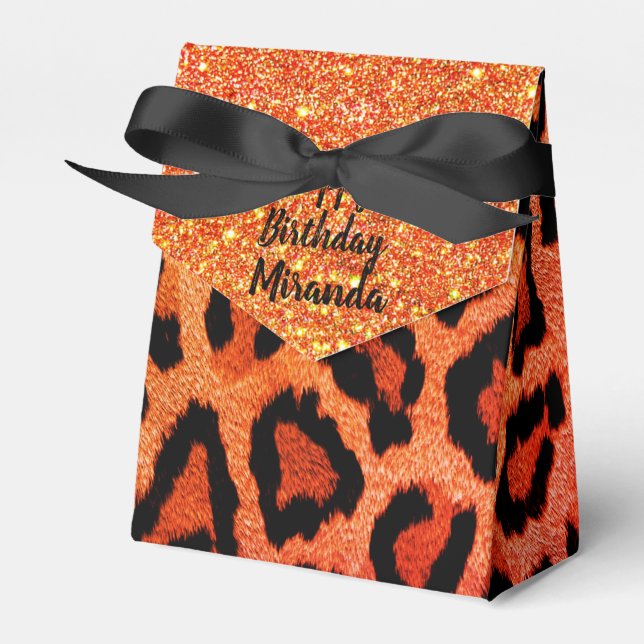Glitter Glam Orange Leopard Personalized Favor Box (Front Side)