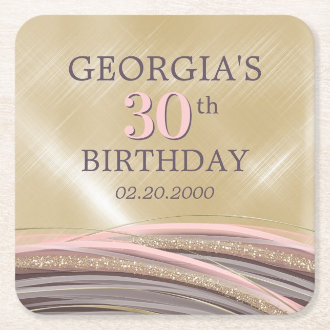 Glitter Glam Rose Gold Birthday Square Paper Coaster (Front)