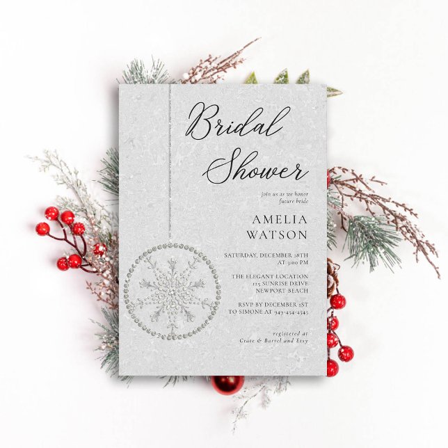 Glitter Glam Snowflake White Winter Bridal Shower Invitation (winter bridal shower invitation christmas bauble snowflake bling rhinestones glitter calligraphy)