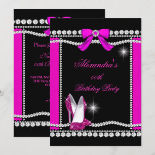 Glitter Glamour Black Hot Pink High Heels Birthday Invitation