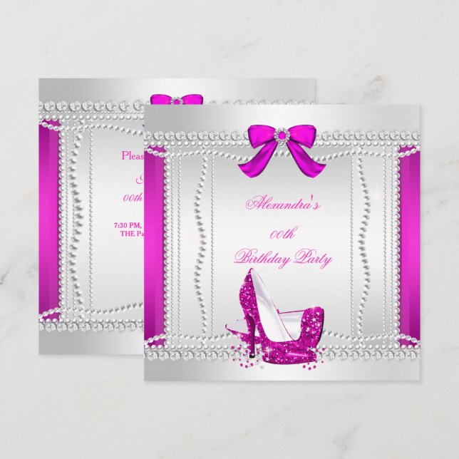 Glitter Glamour Hot Pink High Heels Pearls Party 2 Invitation (Front/Back)