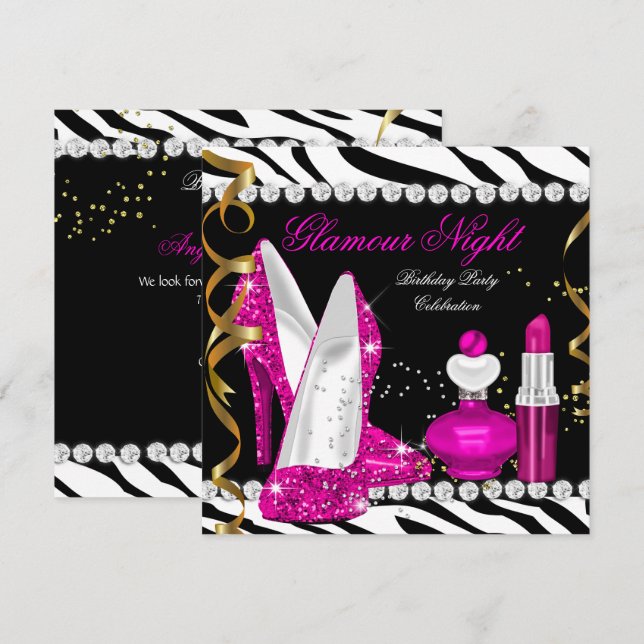 Glitter Glamour Night Zebra Deep Pink Gold Black Invitation (Front/Back)