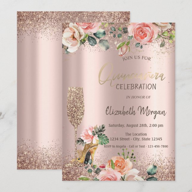 Glitter Glass High Heels,Roses Quinceañera  Invitation (Front/Back)