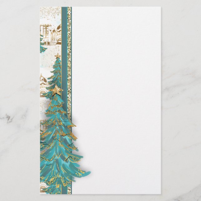 Glitter Gold and Green Border with Christmas Trees Stationery (Front)