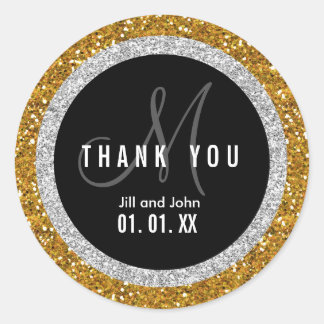Glitter Gold Black Wedding Thank You Favour Sticke Classic Round Sticker