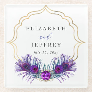 Glitter Gold Blue Purple Peacock Plume Wedding Glass Coaster