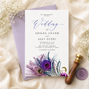 Glitter Gold Blue Purple Peacock Plume Wedding Invitation