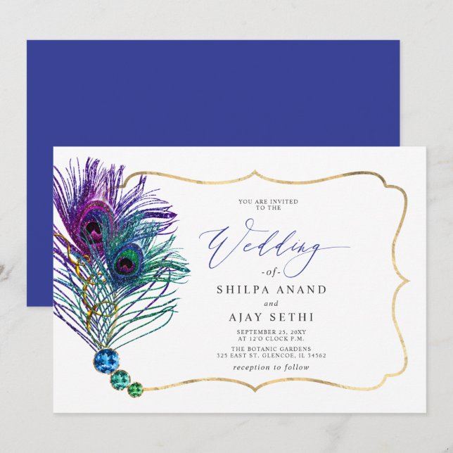 Glitter Gold Blue Purple Peacock Plume Wedding Invitation (Front/Back)