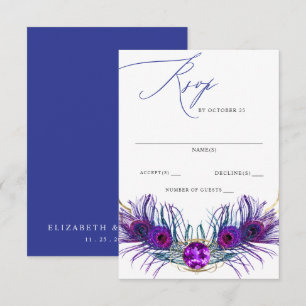 Glitter Gold Blue Purple Peacock Plume Wedding  RSVP Card