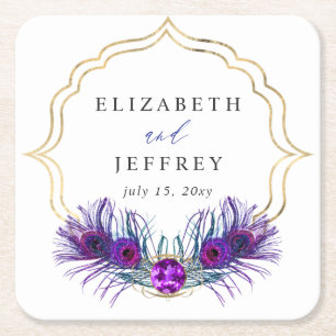 Glitter Gold Blue Purple Peacock Plume Wedding Square Paper Coaster
