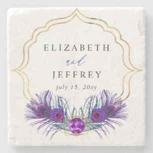 Glitter Gold Blue Purple Peacock Plume Wedding Stone Coaster