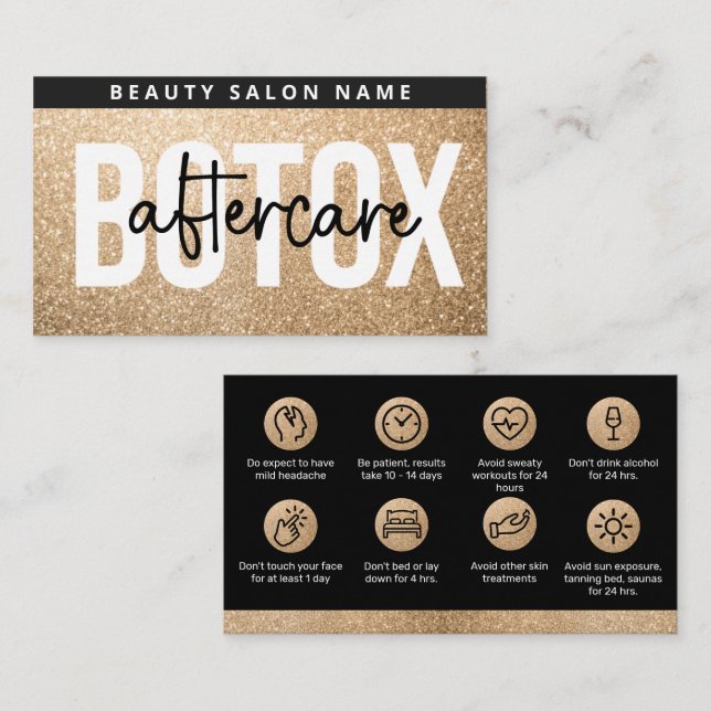Glitter Gold Botox Filler Instruction Aftercare  Business Card (Front/Back)