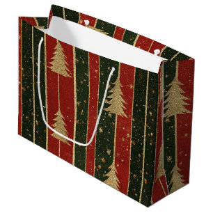 Glitter Gold Christmas Tree - Red & Green Striped Large Gift Bag