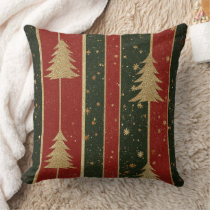 Glitter Gold Christmas Tree - Red & Green Striped Throw Pillow