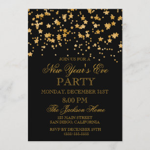 Glitter Gold Confetti Stars New Years Eve Party Invitation