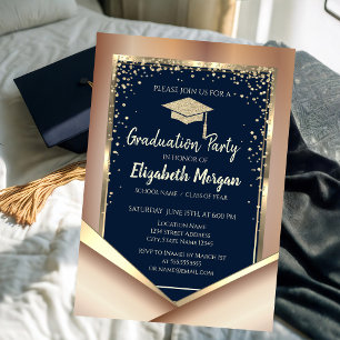 Glitter Gold Diamonds Navy Blue Graduation Invitation