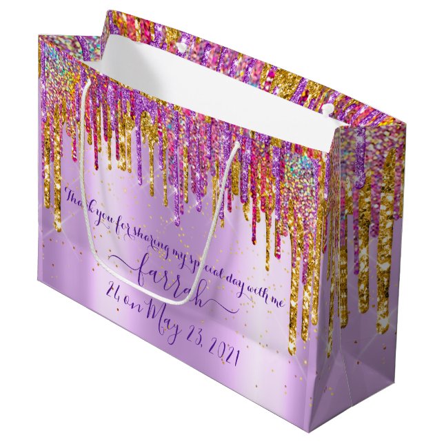 Glitter Gold Drip Rose Sweet16th Violet Bridal Large Gift Bag (Front Angled)