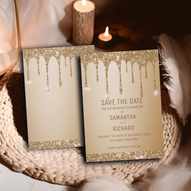 Glitter Gold Drips Champagne Beige  Save The Date (Creator Uploaded)