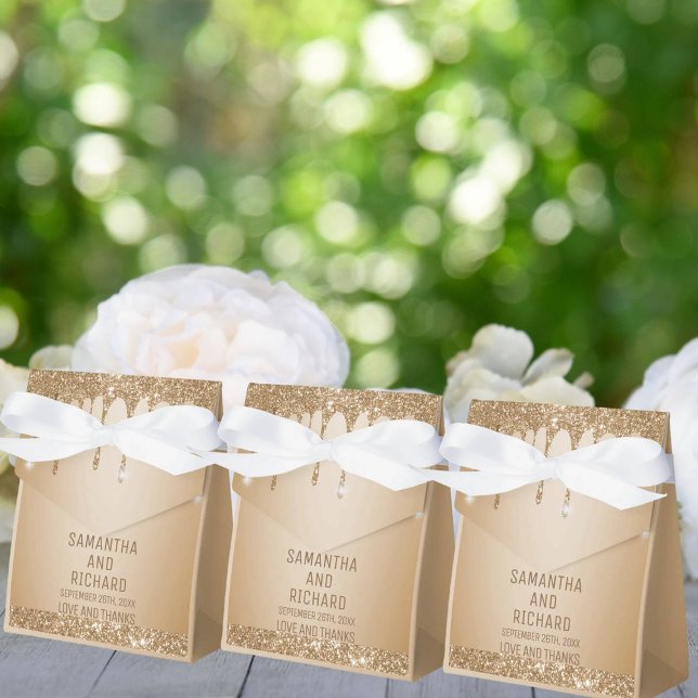 Glitter Gold Drips Champagne Beige Wedding Favor Box (Creator Uploaded)