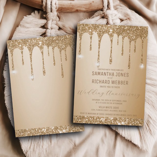 Glitter Gold Drips Champagne Wedding Anniversary Invitation (Creator Uploaded)