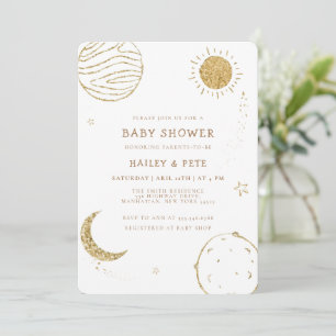 Glitter Gold Elegant Galaxy Moon Star Baby Shower Invitation