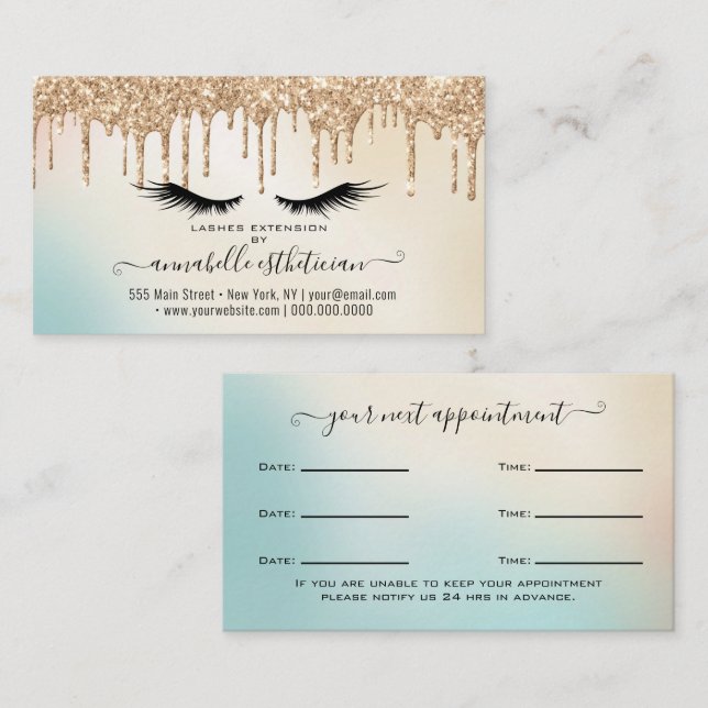 Glitter Gold  Eyelash Extension Appointment Business Card (Front/Back)