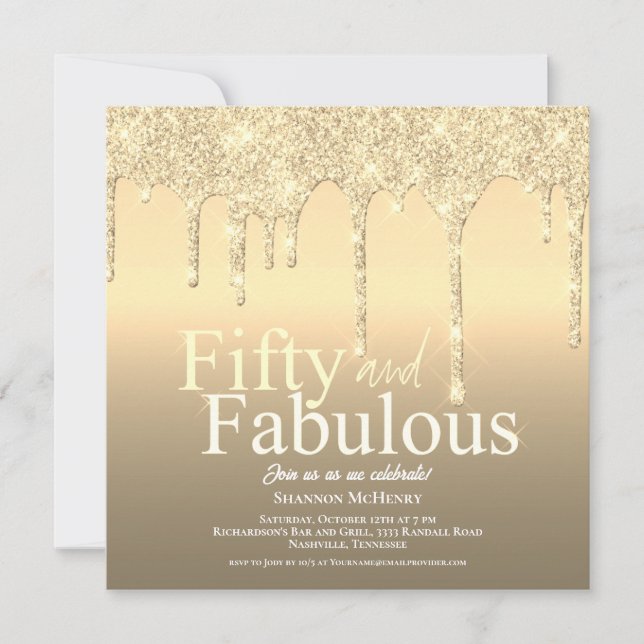 Glitter Gold Fifty and Fabulous Birthday  Invitation (Front)