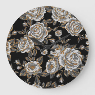 Glitter Gold Floral: Sparkle Vintage. Large Clock