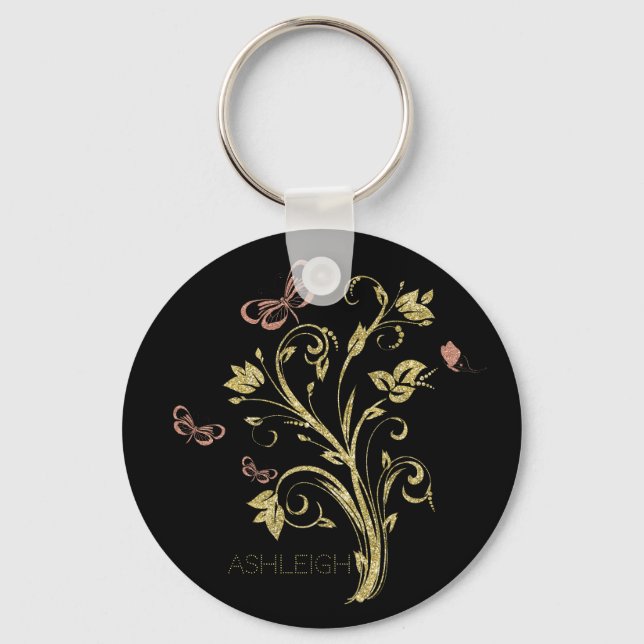 Glitter Gold Flourish Butterfly Personalized Keychain (Front)