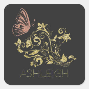 Glitter Gold Flourish Butterfly Personalized Square Sticker