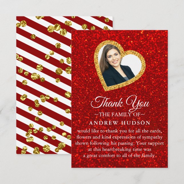 Glitter Gold Funeral Photo Sympathy Thank You Card (Front/Back)