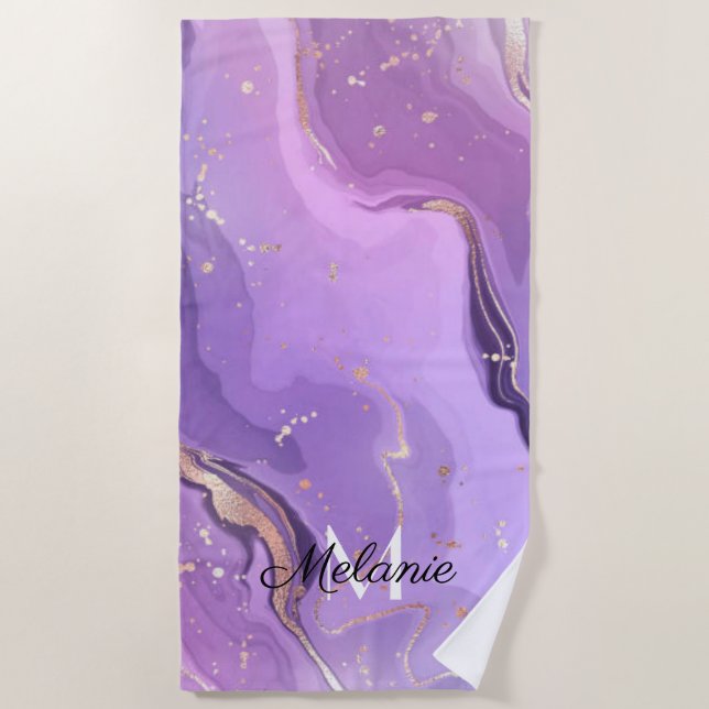 Glitter Gold Girly Sparkle Purple Name Summer Beac Beach Towel (Front)